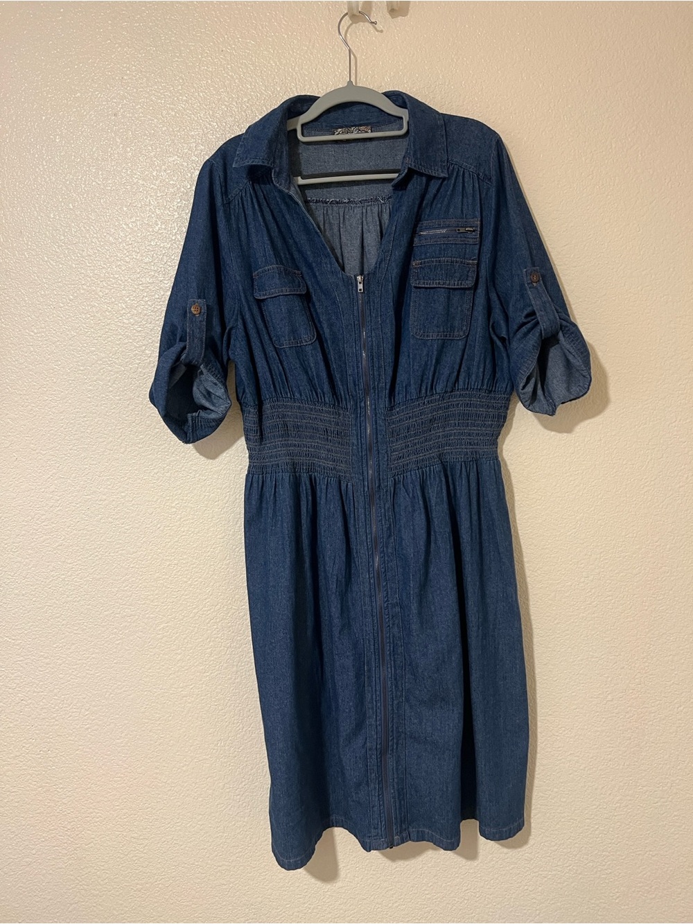 J Gee-Denim Zip-Front Shirt Dress in Dark Blue Size XL